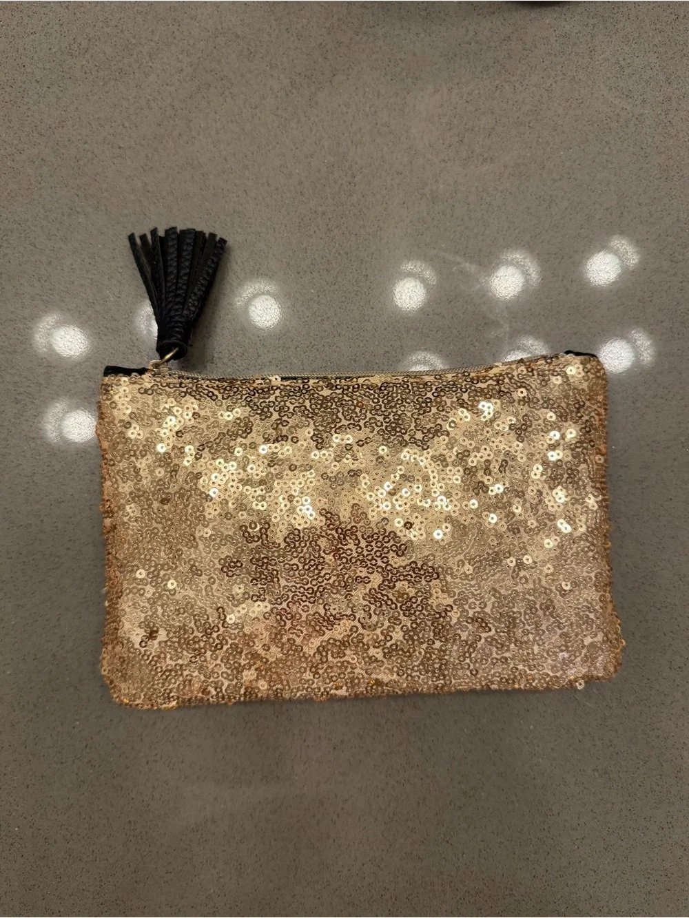 Ipsy Gold Sequin Black Faux Leather Tassel Makeup Bag Cosmetic Pouch Glam Clutch